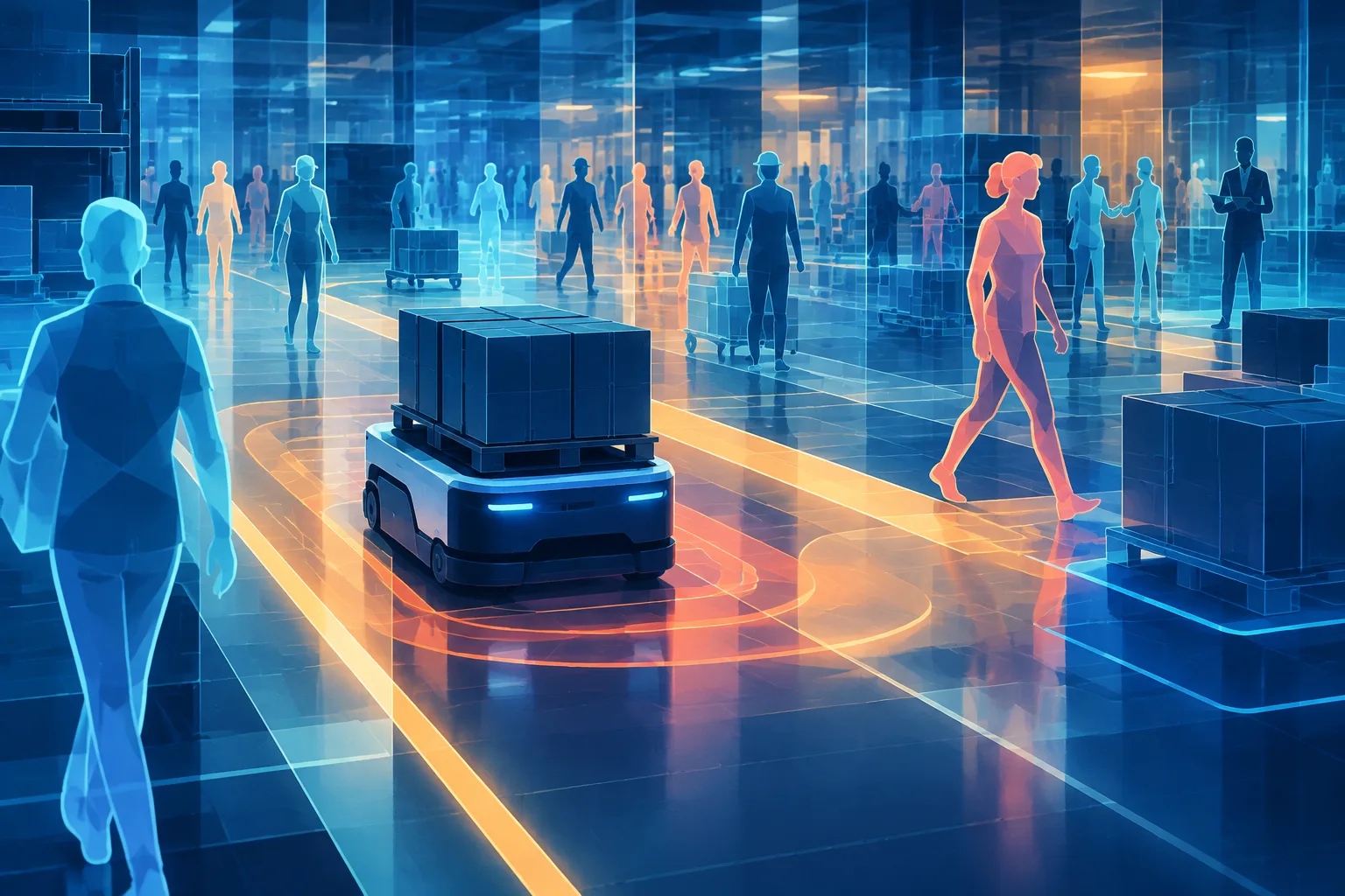 A warehouse robot is stress-tested among digital human silhouettes in a virtual factory.
