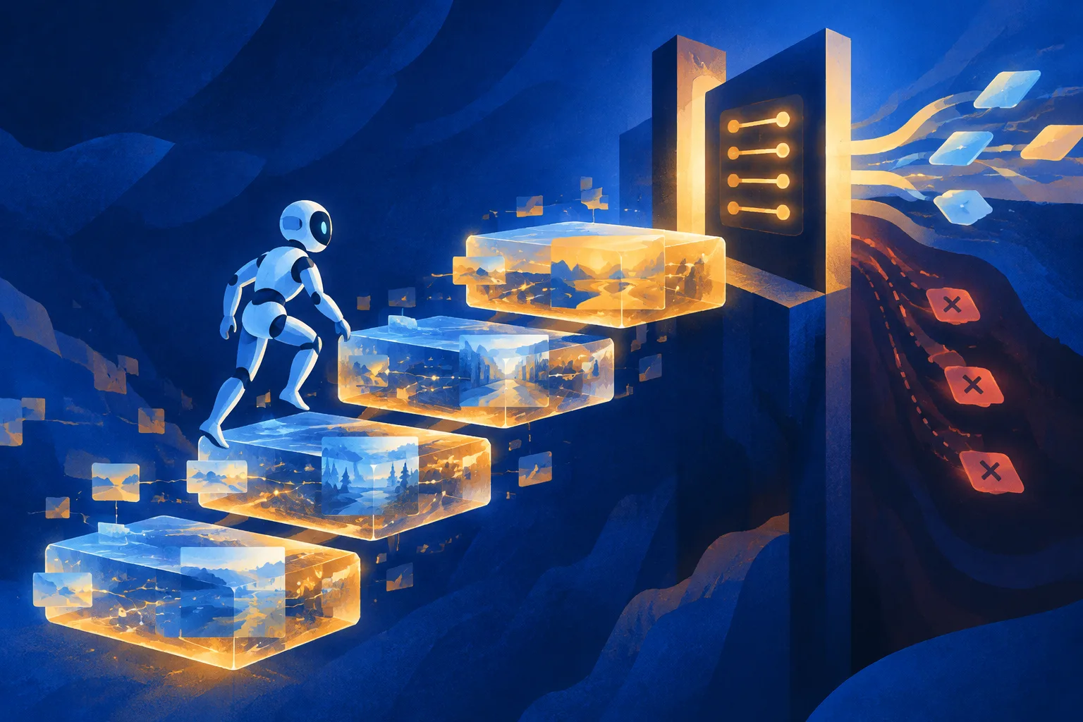 An AI agent climbs from raw memories to abstract principles that filter its next actions.