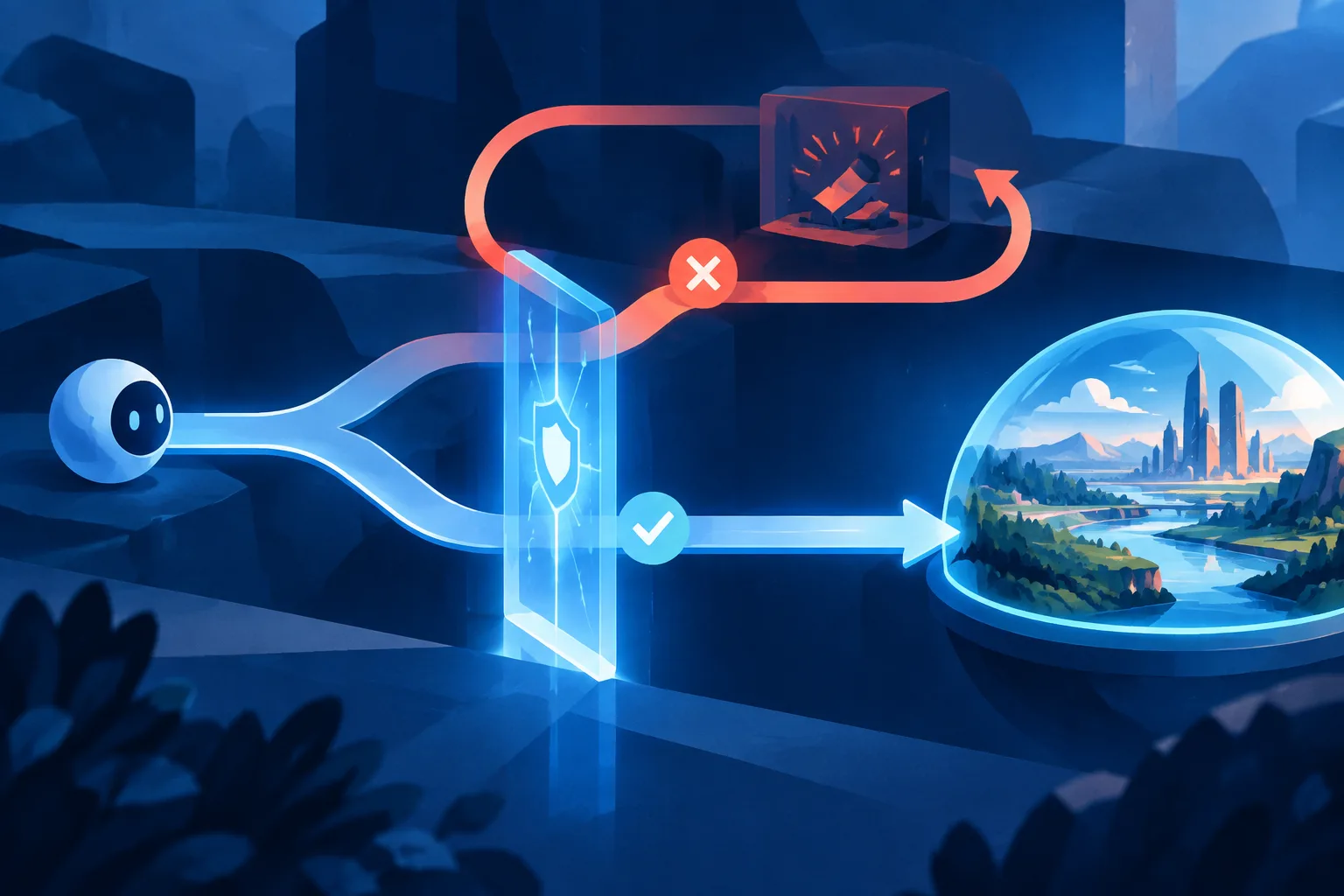 A proposed action fails a principle-based check and loops back for bounded resampling.