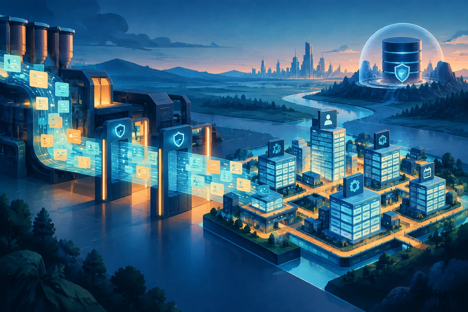 Synthetic enterprise records pass through policy gates while a production database remains protected.