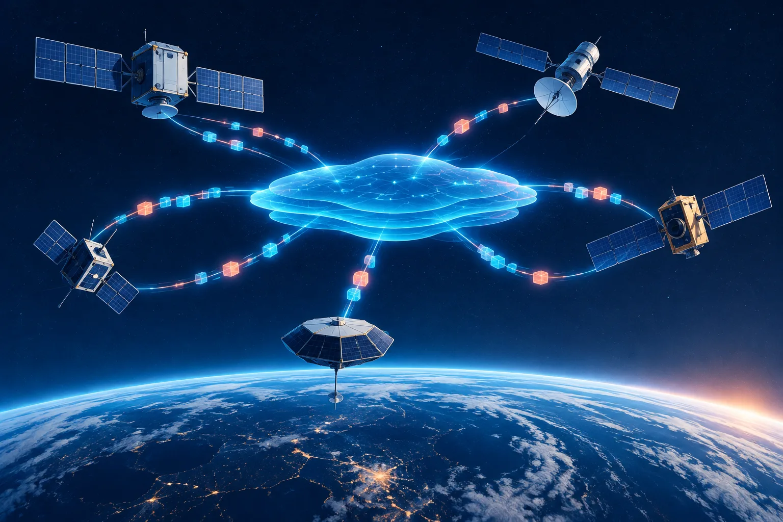 Different satellite fleets connect through a shared AI computing layer above Earth.