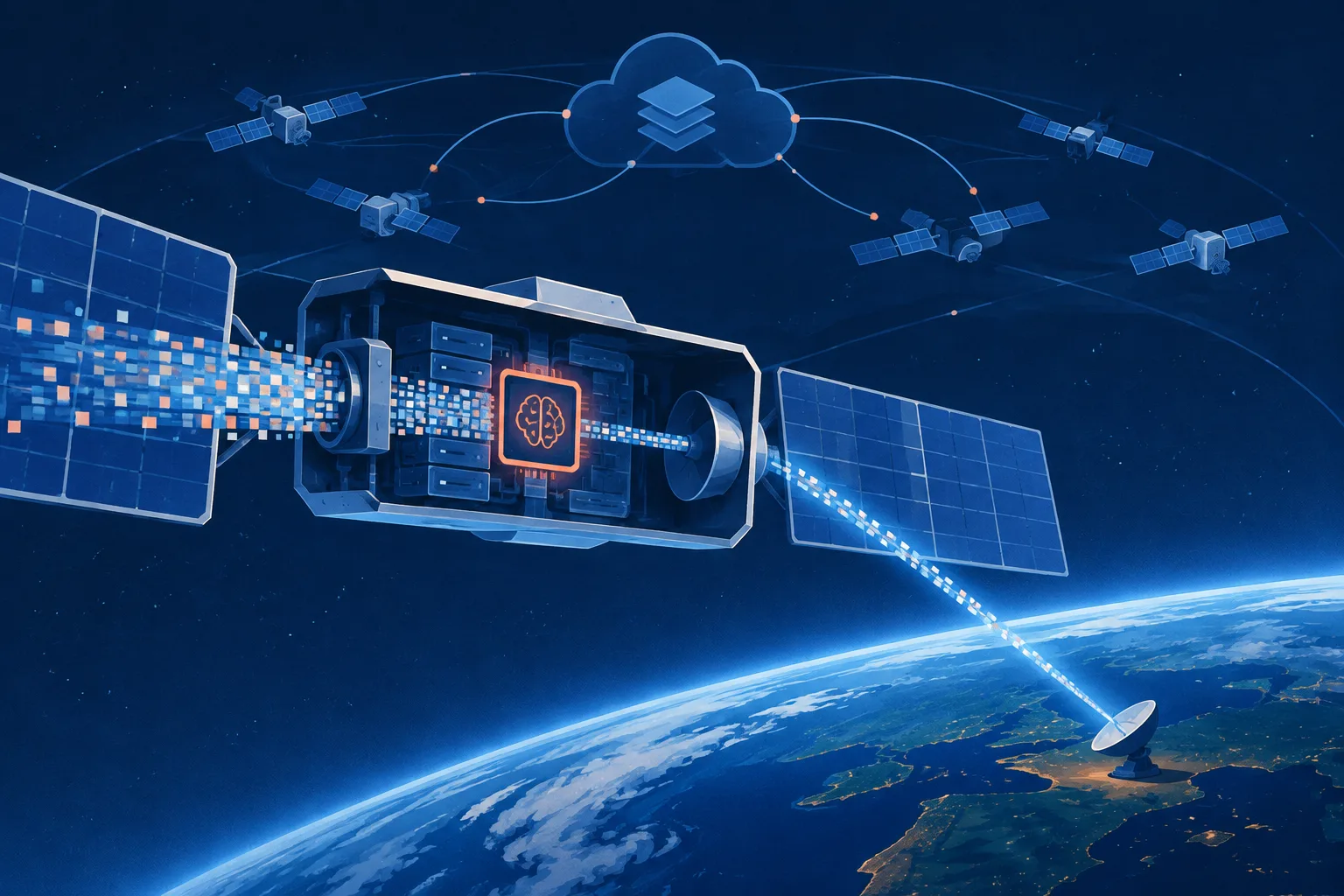 A satellite processes and compresses operational data before sending it to Earth.