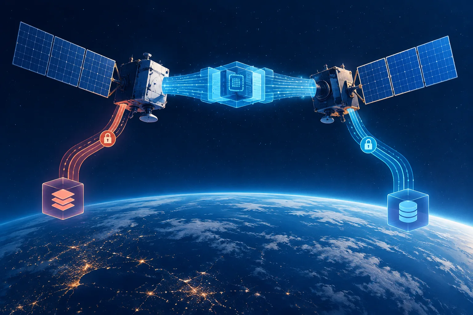 Two satellites share computing workloads through a protected orbital connection.