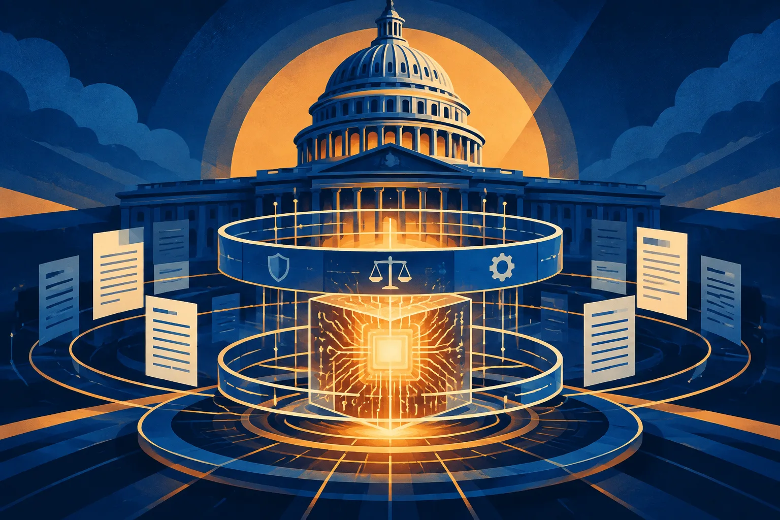 Illustration of an AI core beneath a domed legislature and regulatory rings.