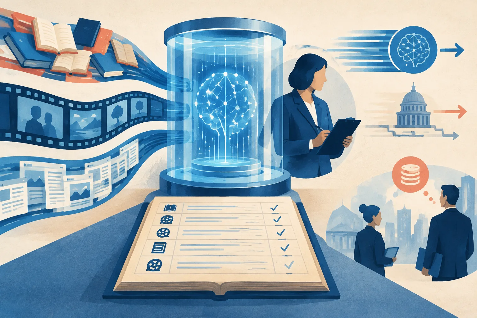 Illustration of creative works entering an AI system while their sources are recorded.
