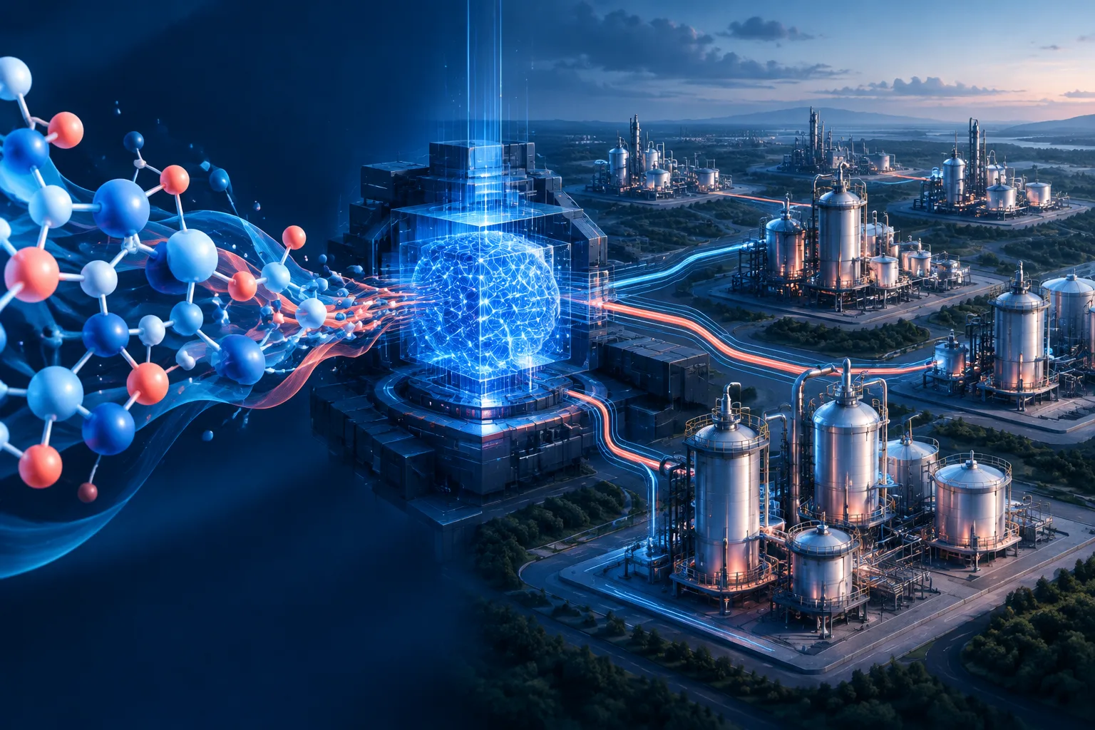 A molecular structure passes through an AI core into a network of chemical factories.