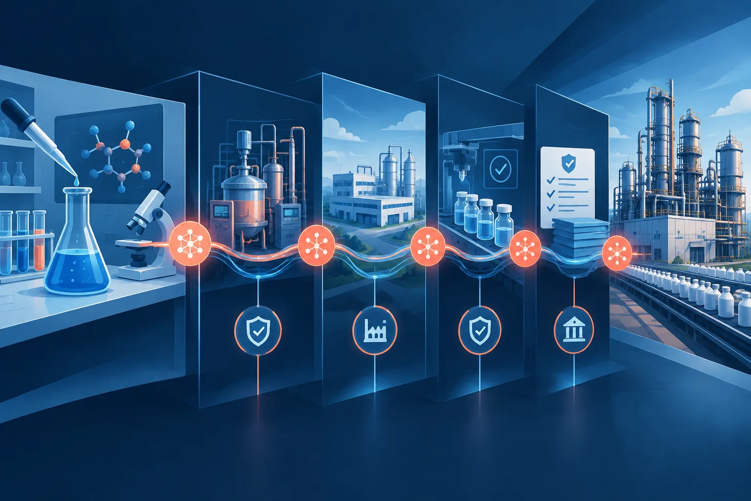 A laboratory process expands into factory production through monitored checkpoints.