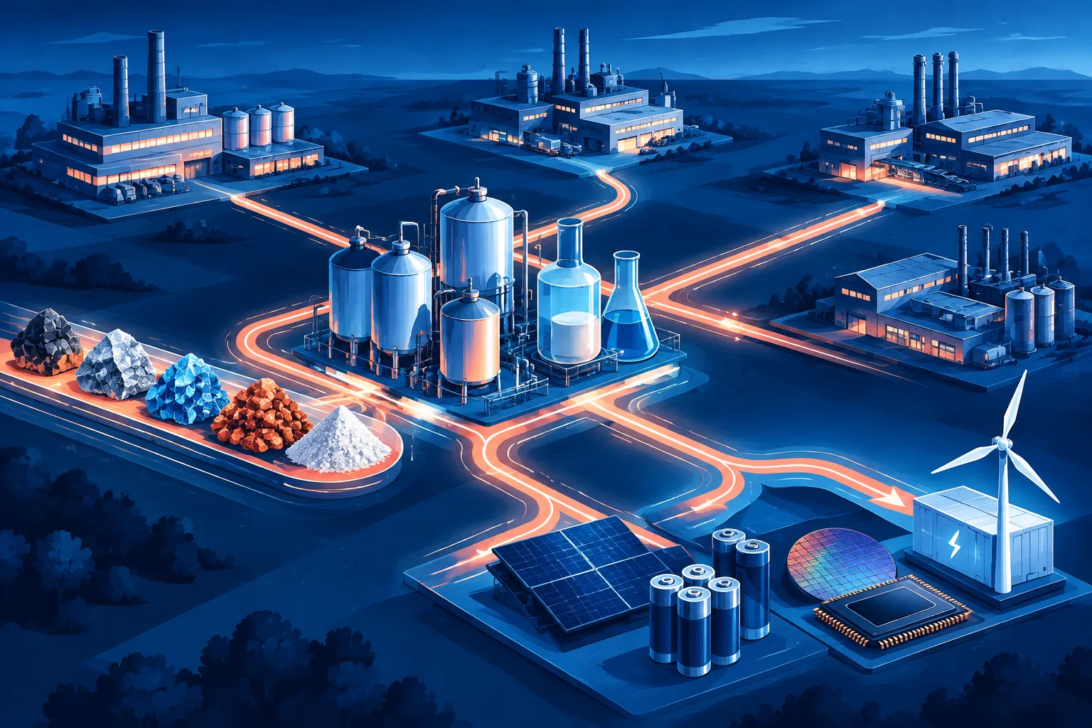Linked factories route critical materials toward electronics and energy components.