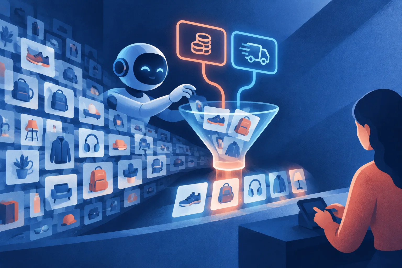 AI shopper filters products by budget and delivery preferences.