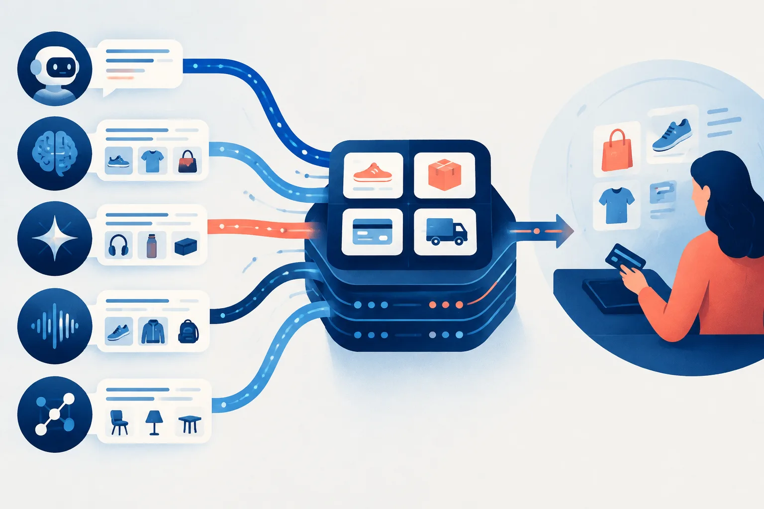 Multiple AI agents connecting to shared commerce infrastructure.