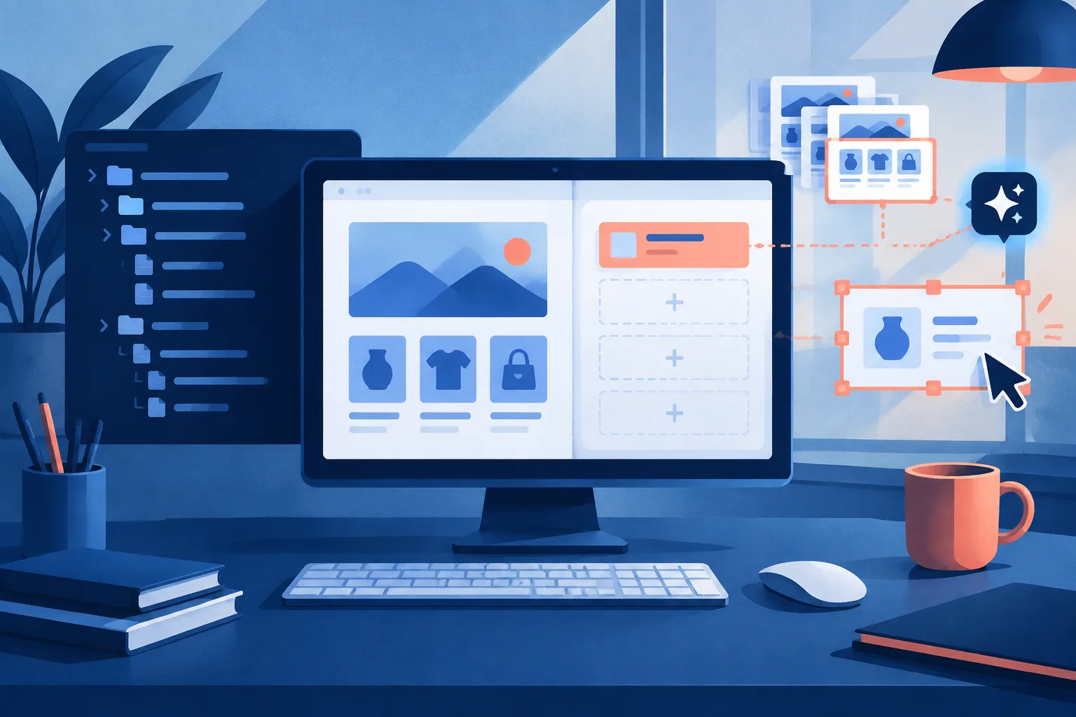 Illustration of an AI store-building workspace with unfinished feature slots.
