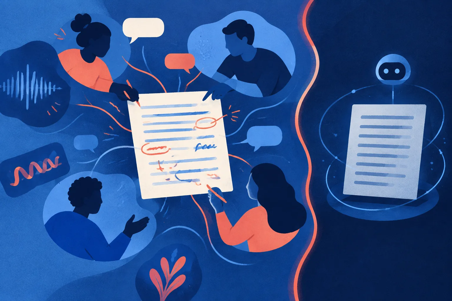 Shared document connected to human discussion paths beside an isolated automated page.