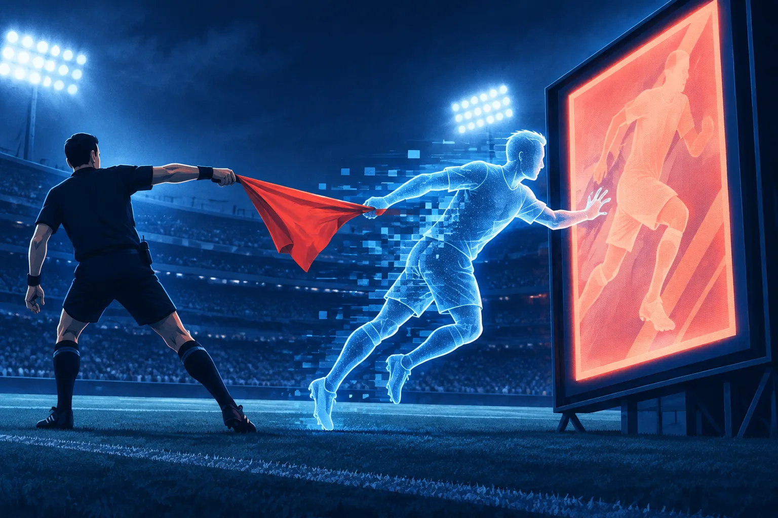 A synthetic athlete silhouette is removed from a glowing betting billboard inside a stadium.