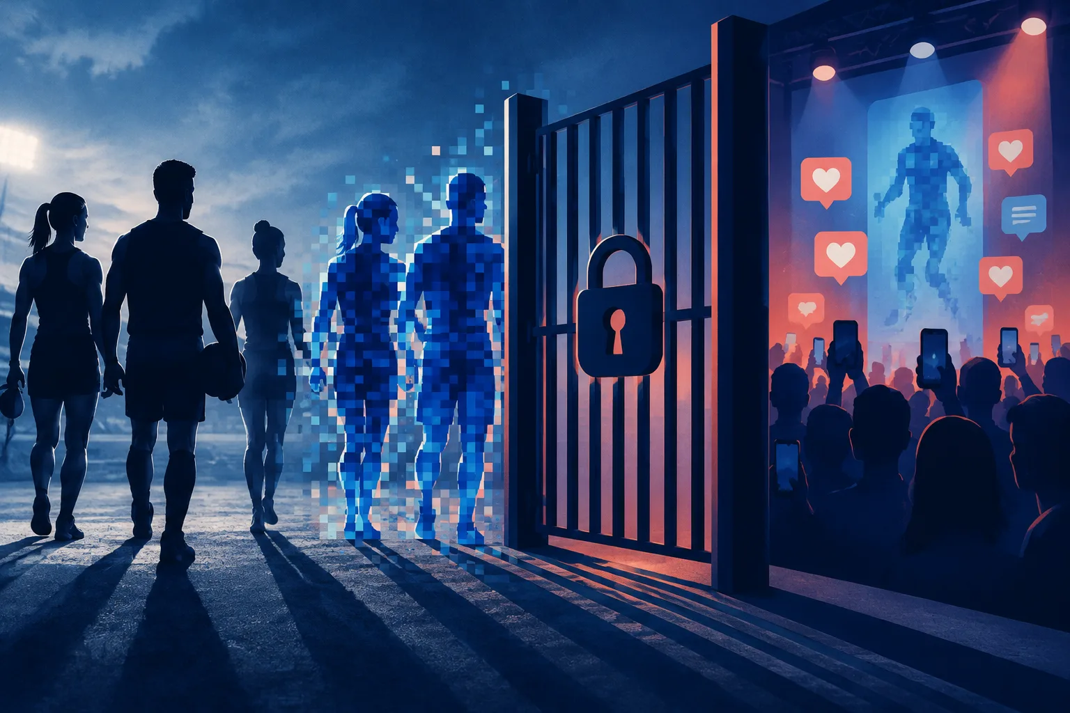 Anonymous athletes face pixel-like doubles behind a locked consent gate.