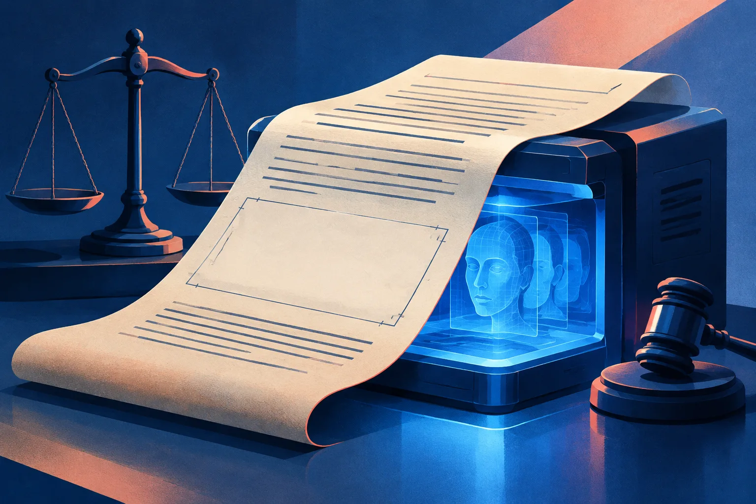 A paper contract passes over a glowing deepfake machine with a visible gap in its terms.