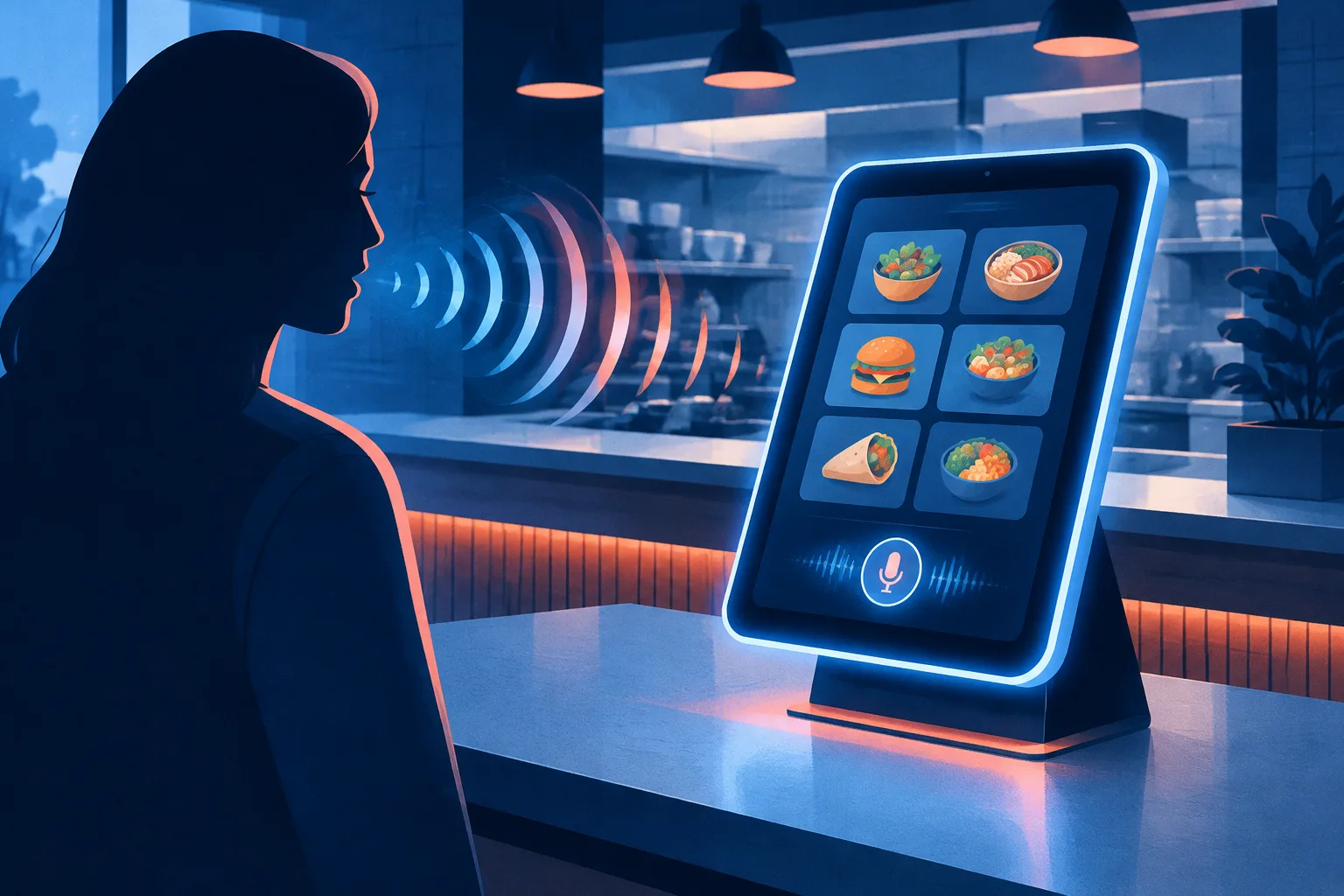 Illustrated customer silhouette speaking to an AI ordering kiosk at a restaurant counter.