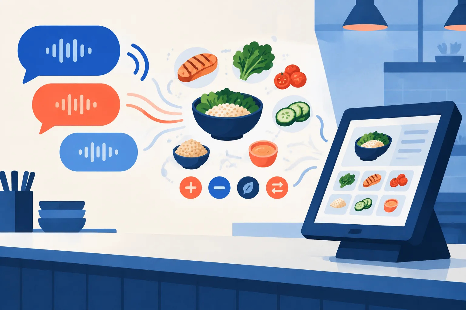 Abstract speech bubbles becoming meal choices and customization tokens beside a kiosk.