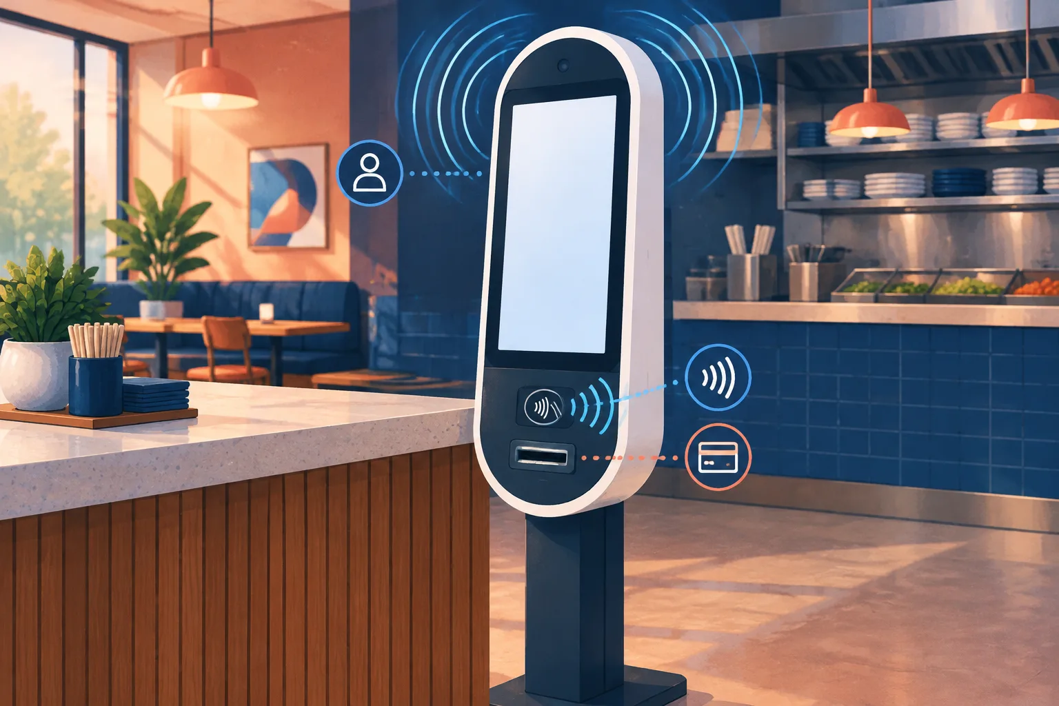 Illustrated kiosk with presence sensing, touchscreen, contactless payment, and card slot.