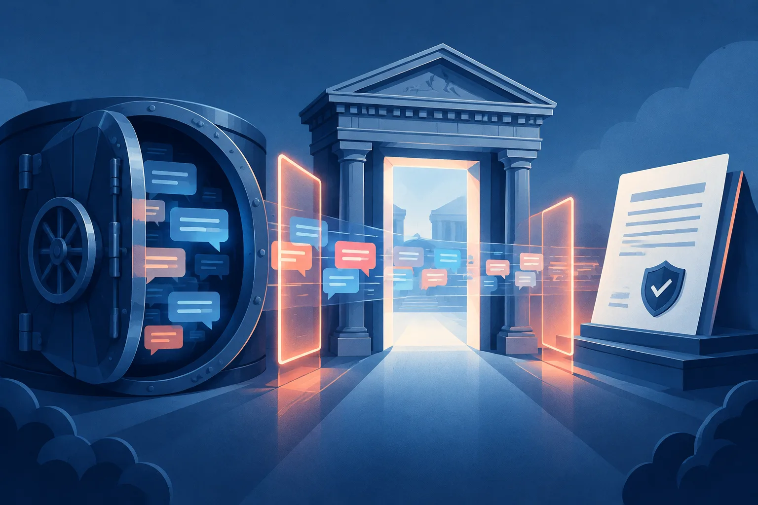 Protected chat records moving through a courthouse gateway during a corporate asset sale.
