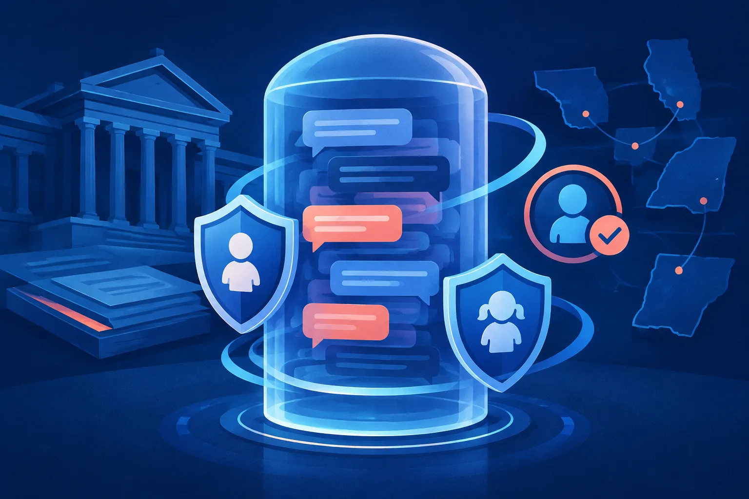 Private chat bubbles enclosed in a data capsule with youth-safety shields.