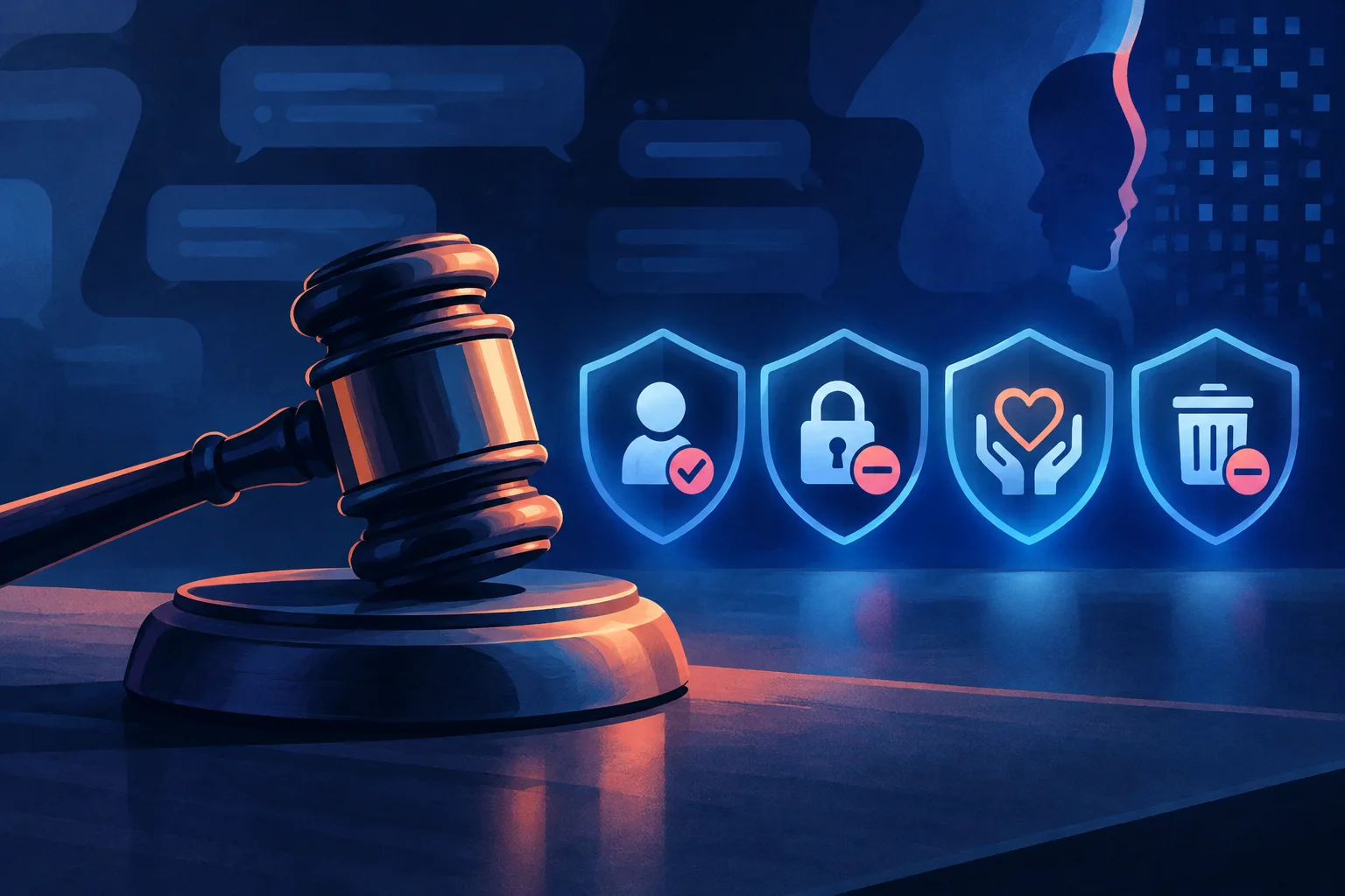 Gavel beside abstract icons for age checks, access limits, crisis safeguards, and deletion.