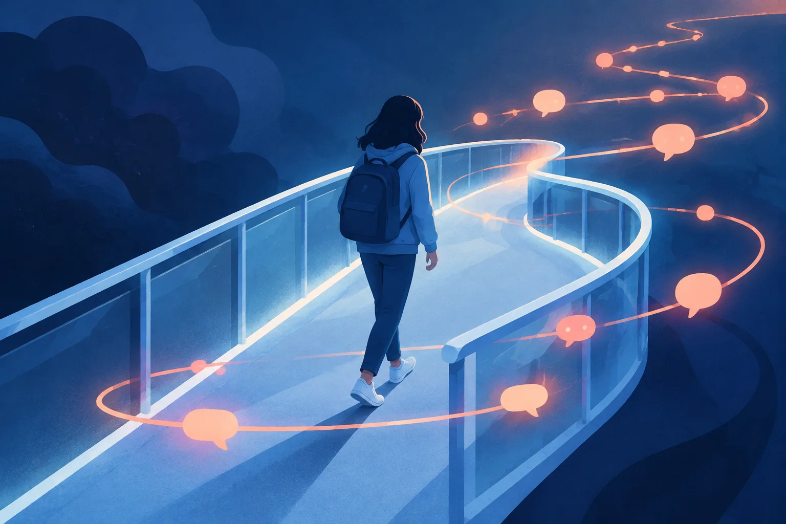 A protected conversation path is surrounded by safety rails and looping engagement lights.