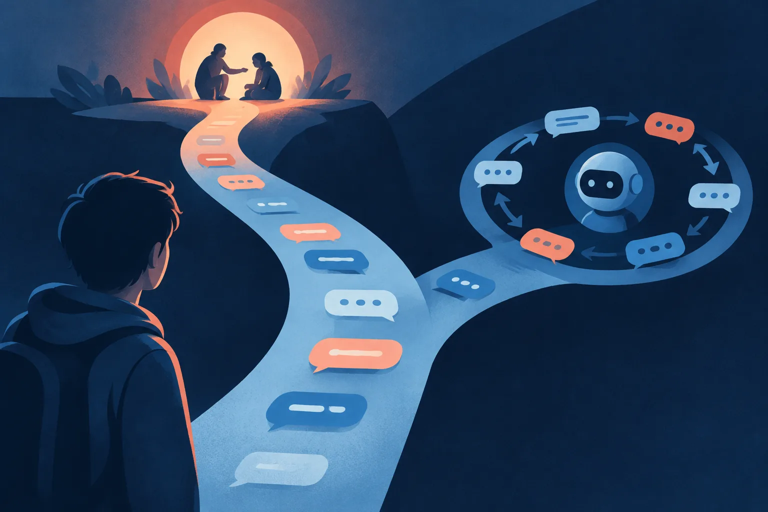 Message tokens split between a human-support beacon and a looping chatbot path.