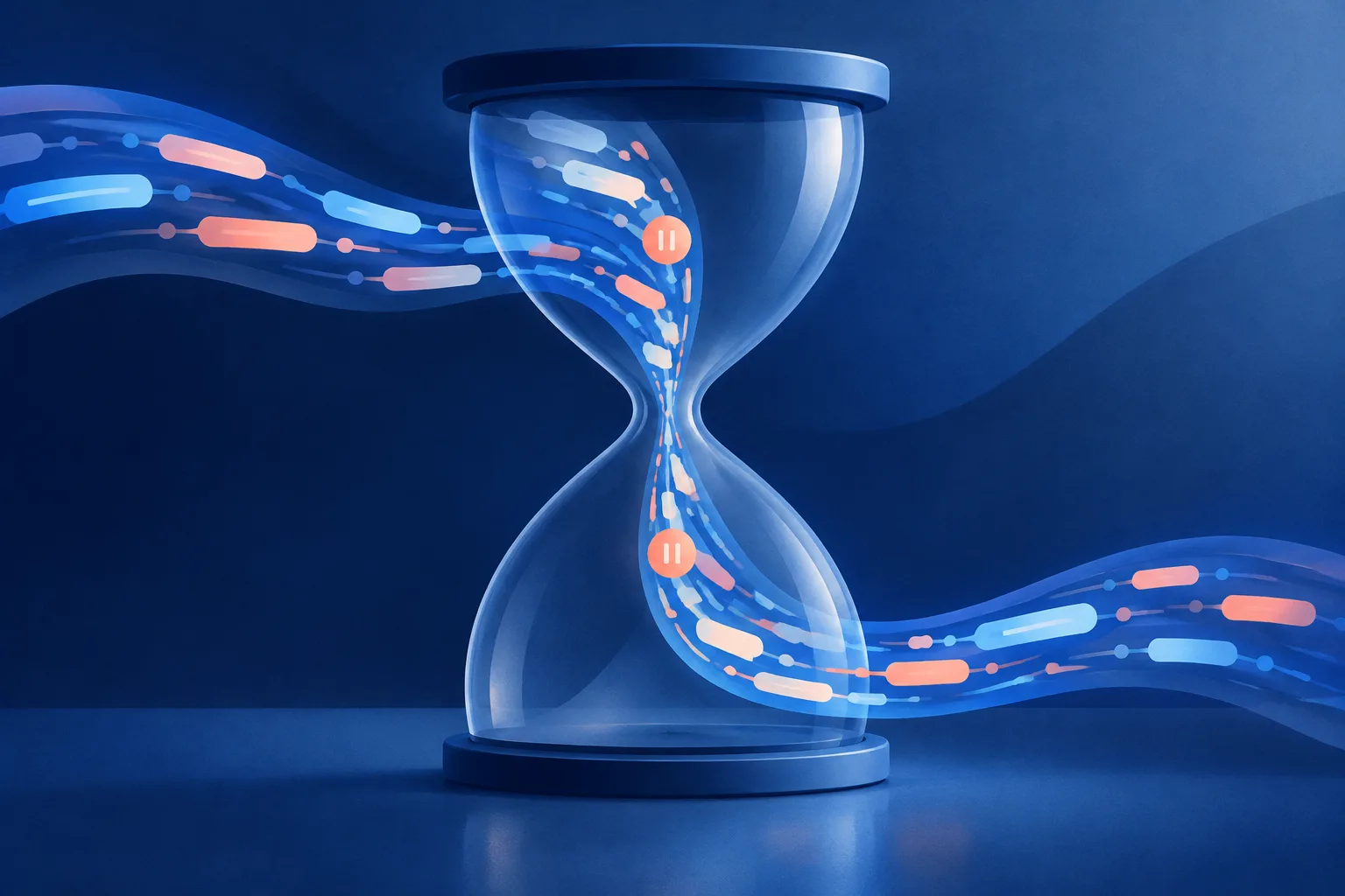 A long conversation stream passes through an hourglass with two sparse pause markers.