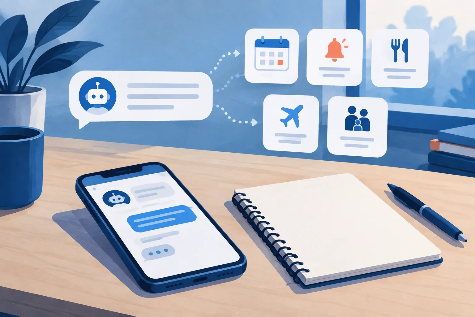 A phone, notebook and calendar tiles symbolize personal task management.