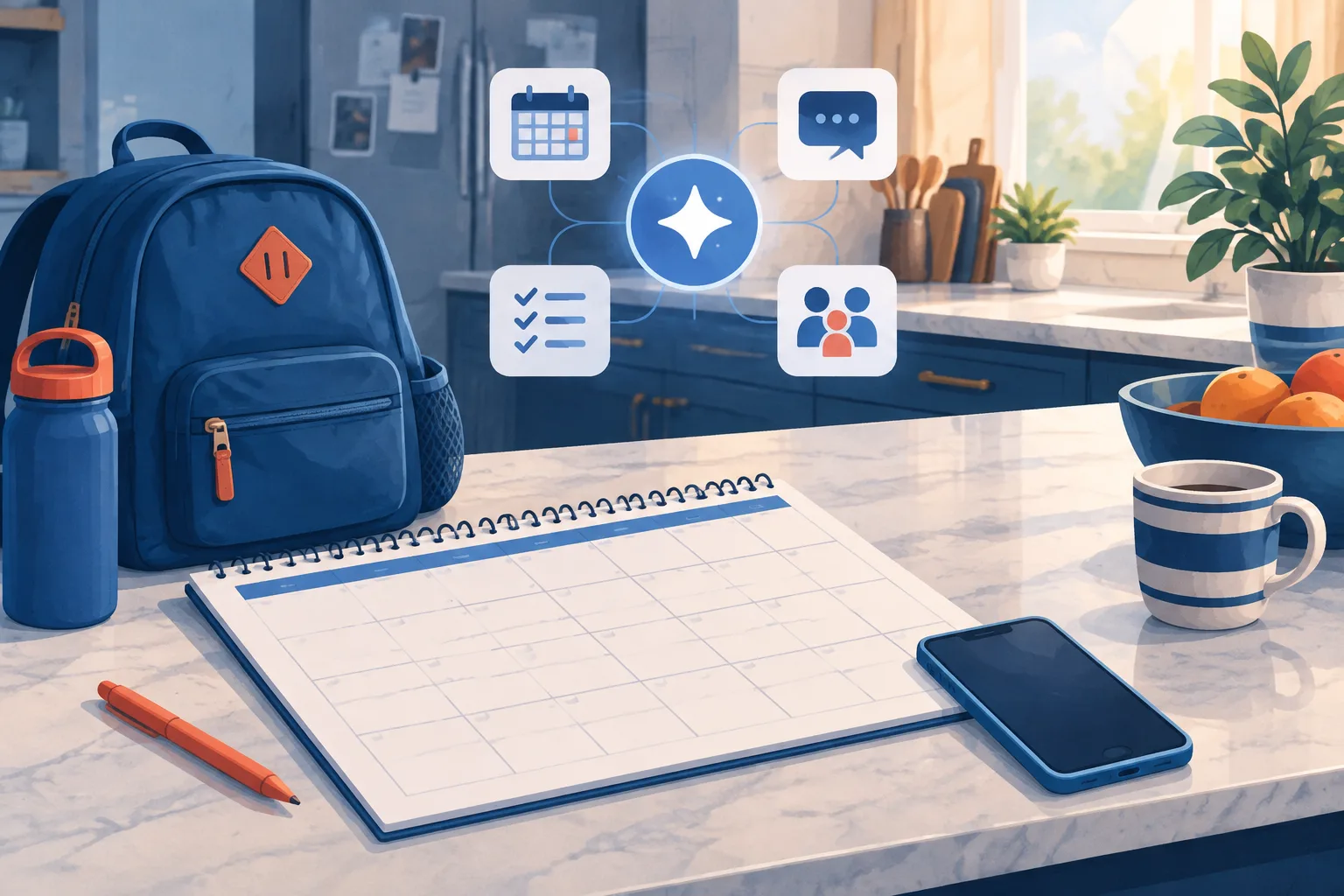 A school backpack and phone sit beside a blank household calendar.