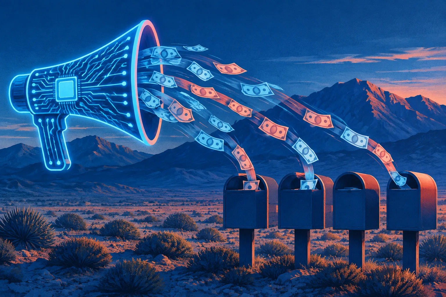 An AI-shaped campaign megaphone sends money toward four anonymous Nevada mailboxes.