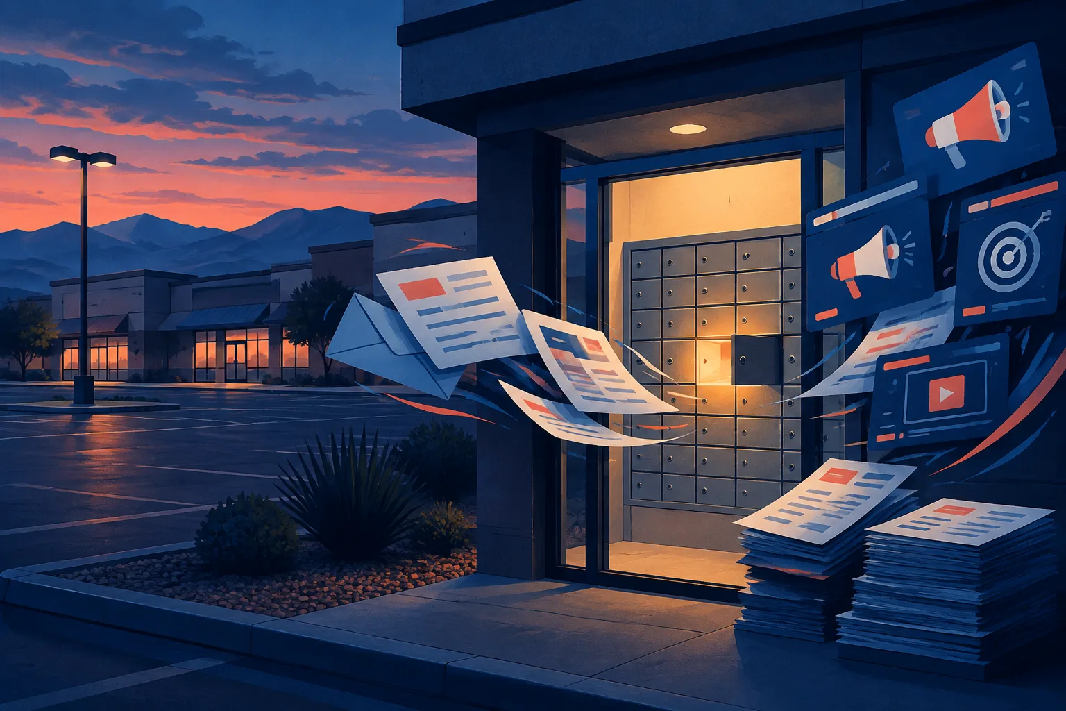 A glowing post-office box in a Nevada shopping plaza is surrounded by campaign invoices.