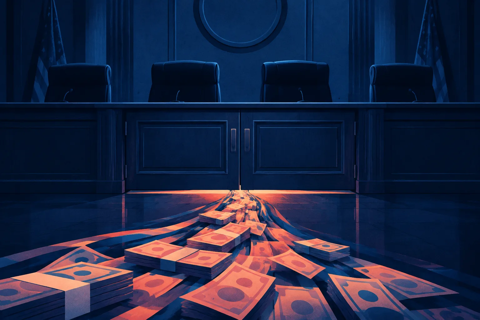 An empty regulatory hearing room sits above an unseen stream of political money.
