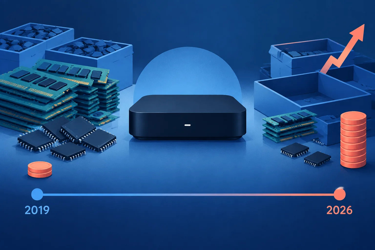 The same streaming box moves from 2019 to 2026 as component costs rise around it.