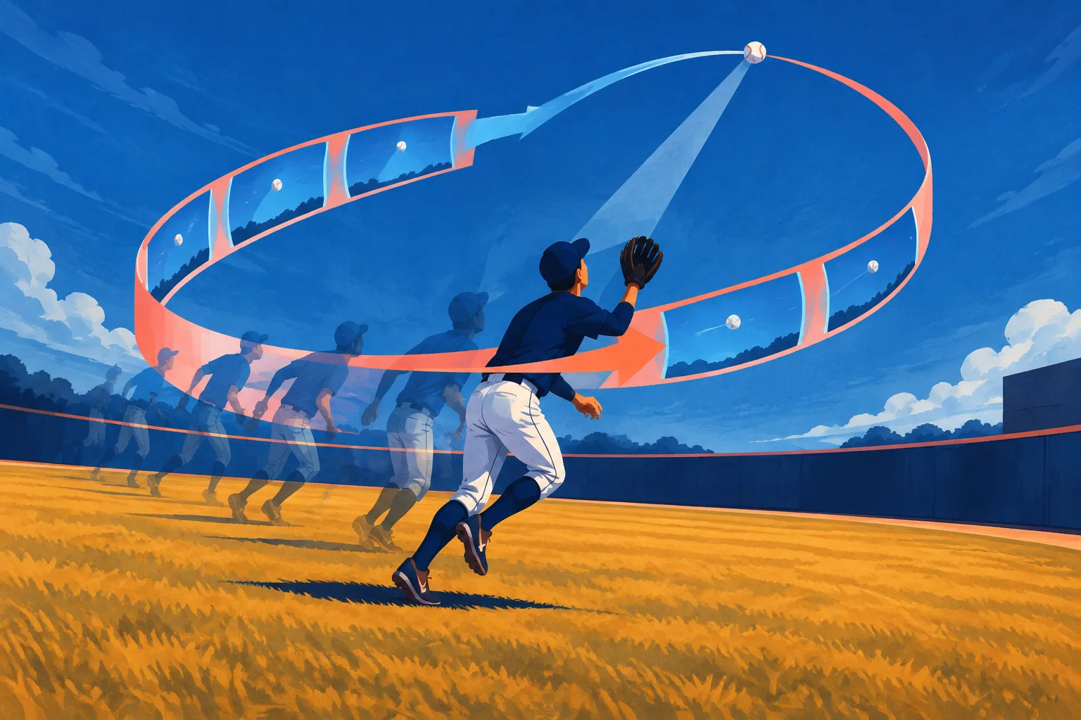 Anonymous outfielder following a fly ball through a loop of vision and movement.