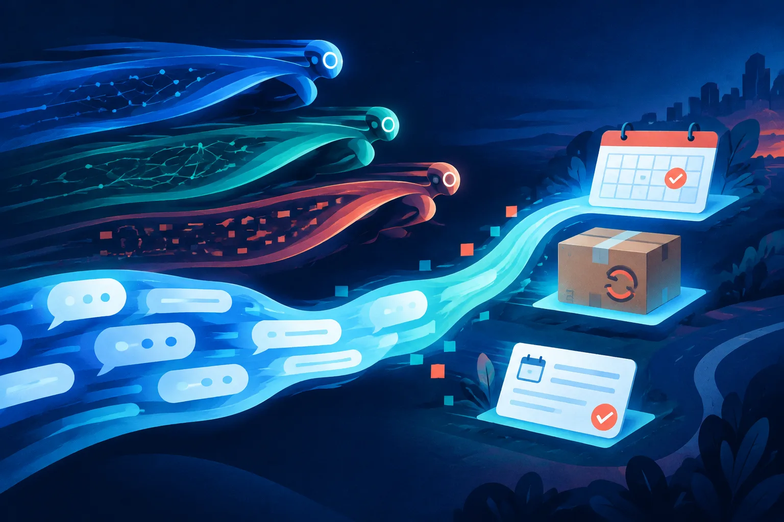 A text-message stream turns into completed errands as abstract AI paths compete.