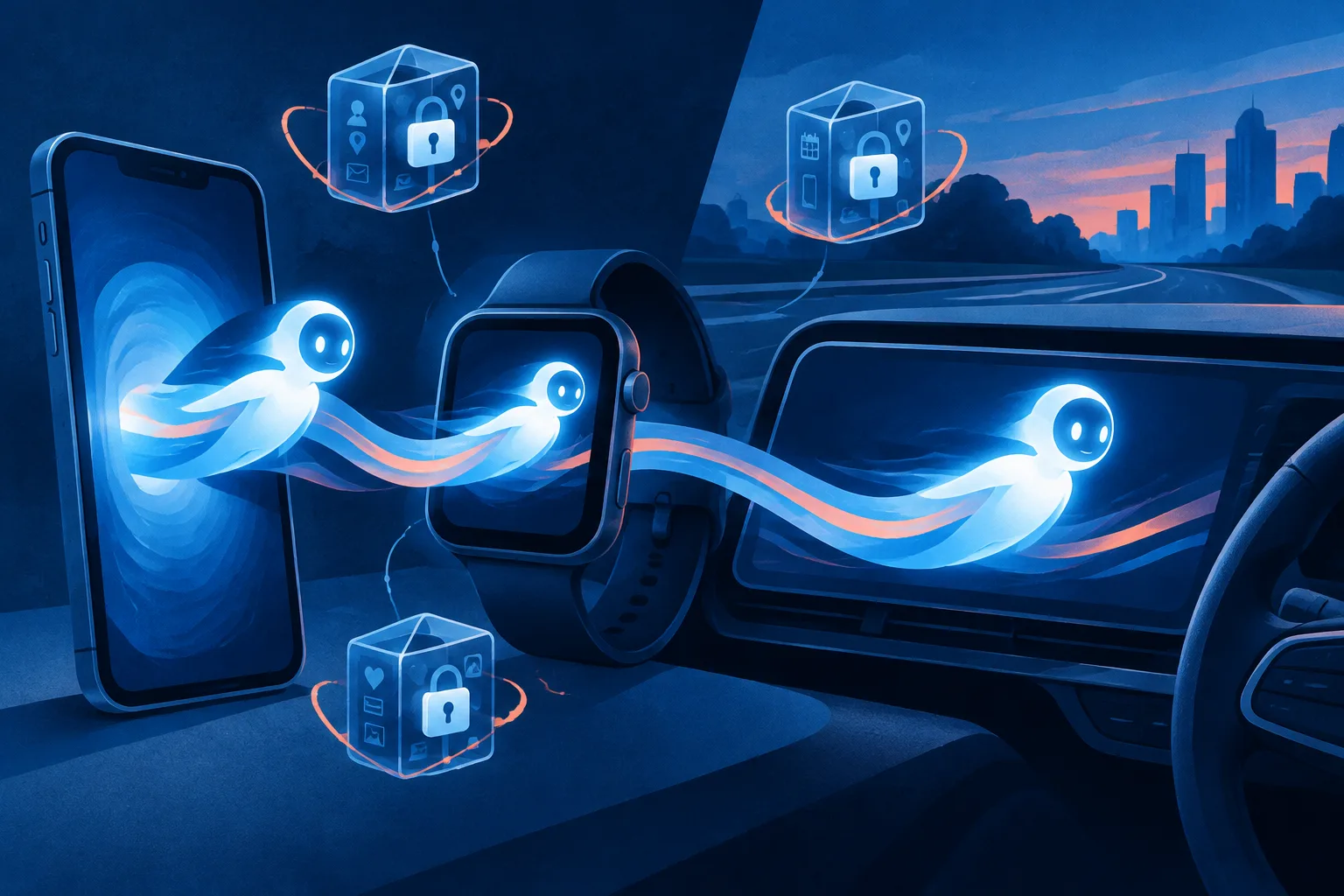 An abstract assistant moves through a phone, watch, and car beside locked data vaults.