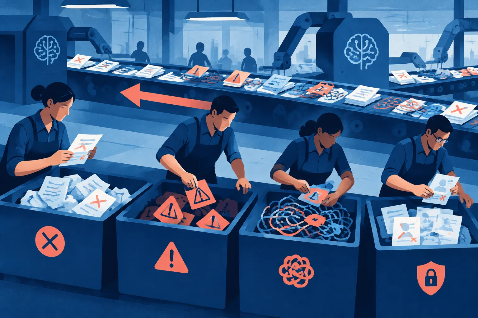Workers repair flawed outputs beside an AI assembly line that has begun reversing.