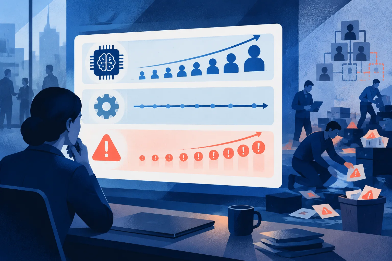 AI adoption rises on an abstract dashboard while productivity remains flat and incident markers accumulate.