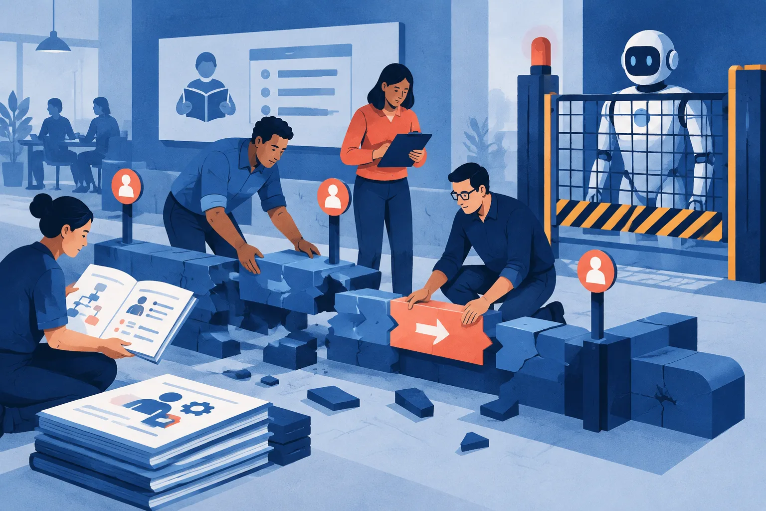Workers repair a workflow with training and review checkpoints before an AI agent can proceed.
