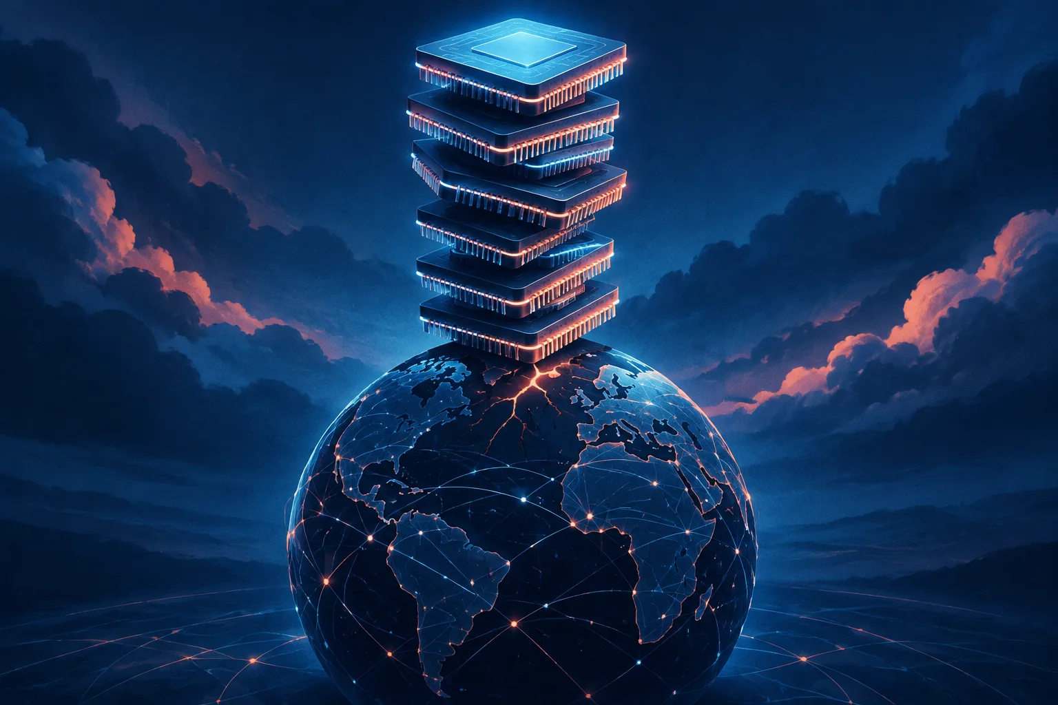 Glowing AI processor tower balancing over an interconnected financial globe.