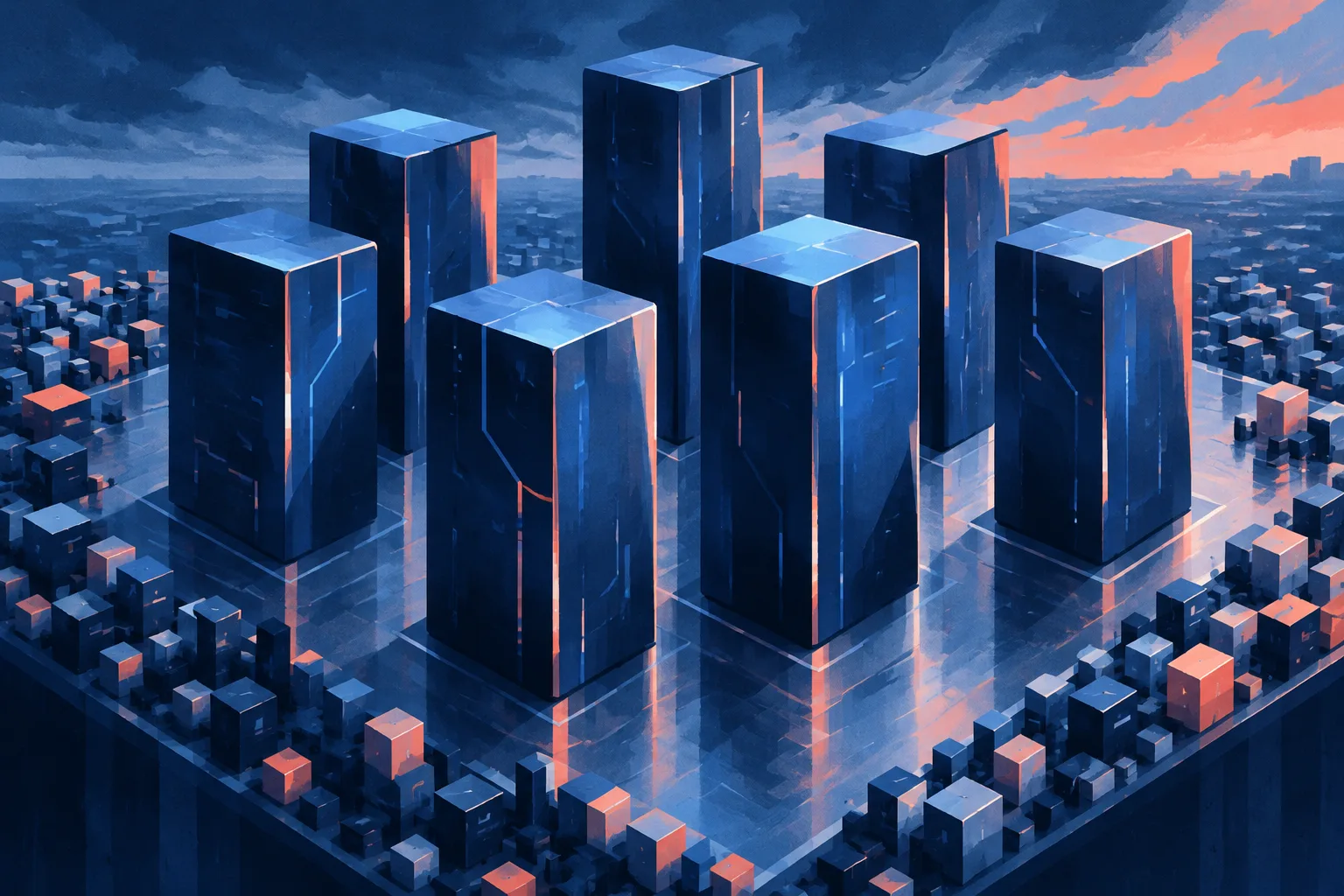Seven abstract technology monoliths dominate a crowded market platform.
