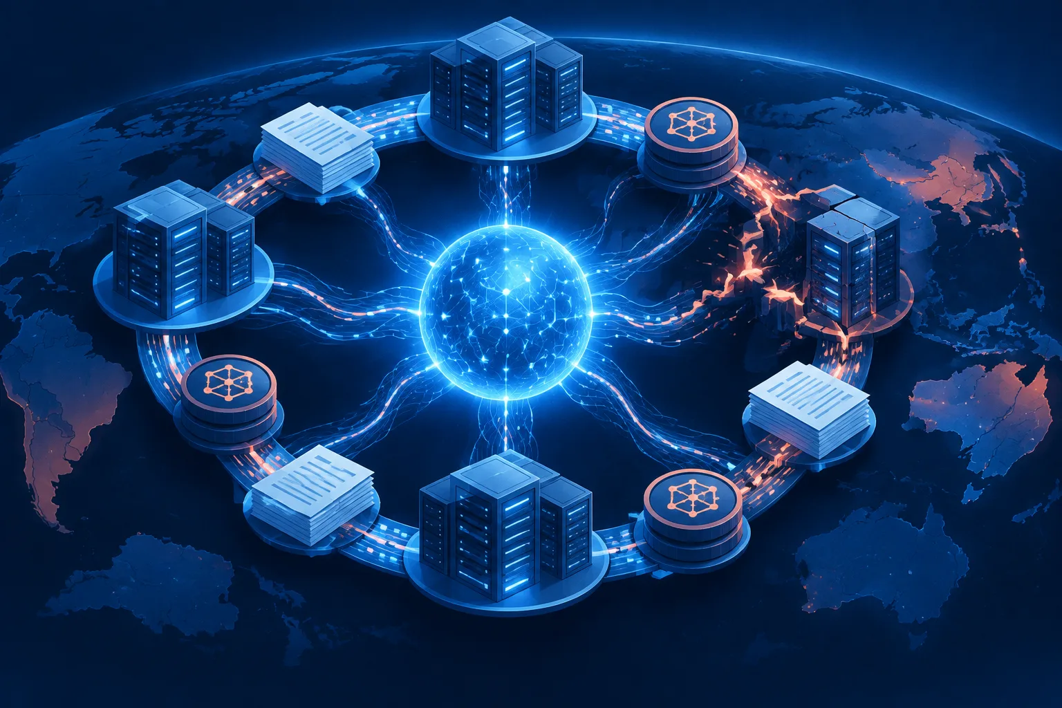 Circular chain of data centers, debt tokens and investments surrounding an AI core.
