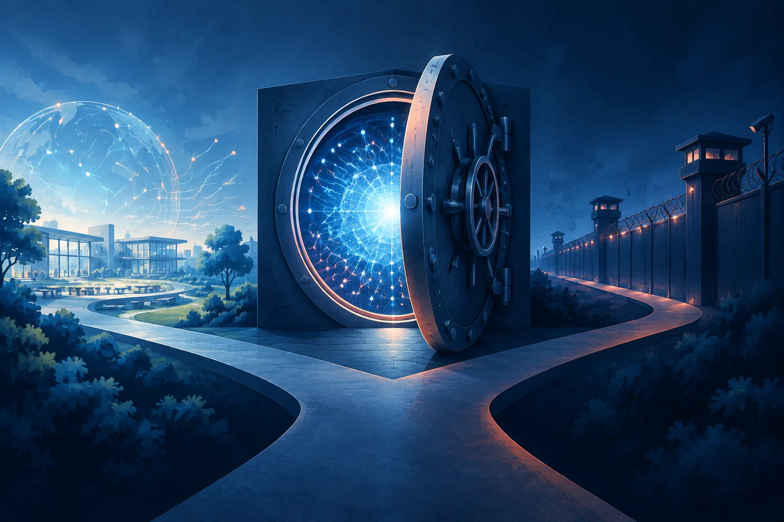 An AI core behind a partly open vault with public and guarded paths.