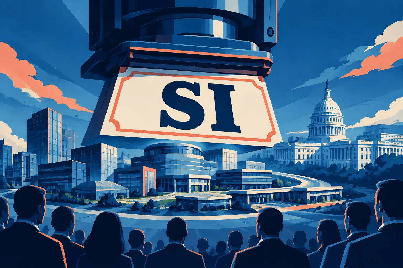A civic label press replaces AI with SI above a technology district and federal skyline.
