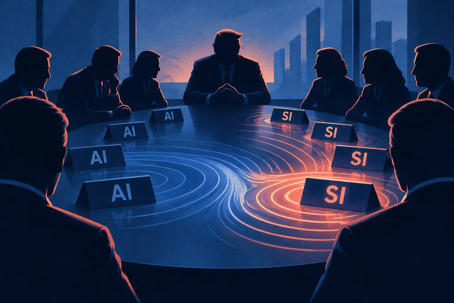 A terminology ripple changes AI nameplates to SI around an executive summit table.