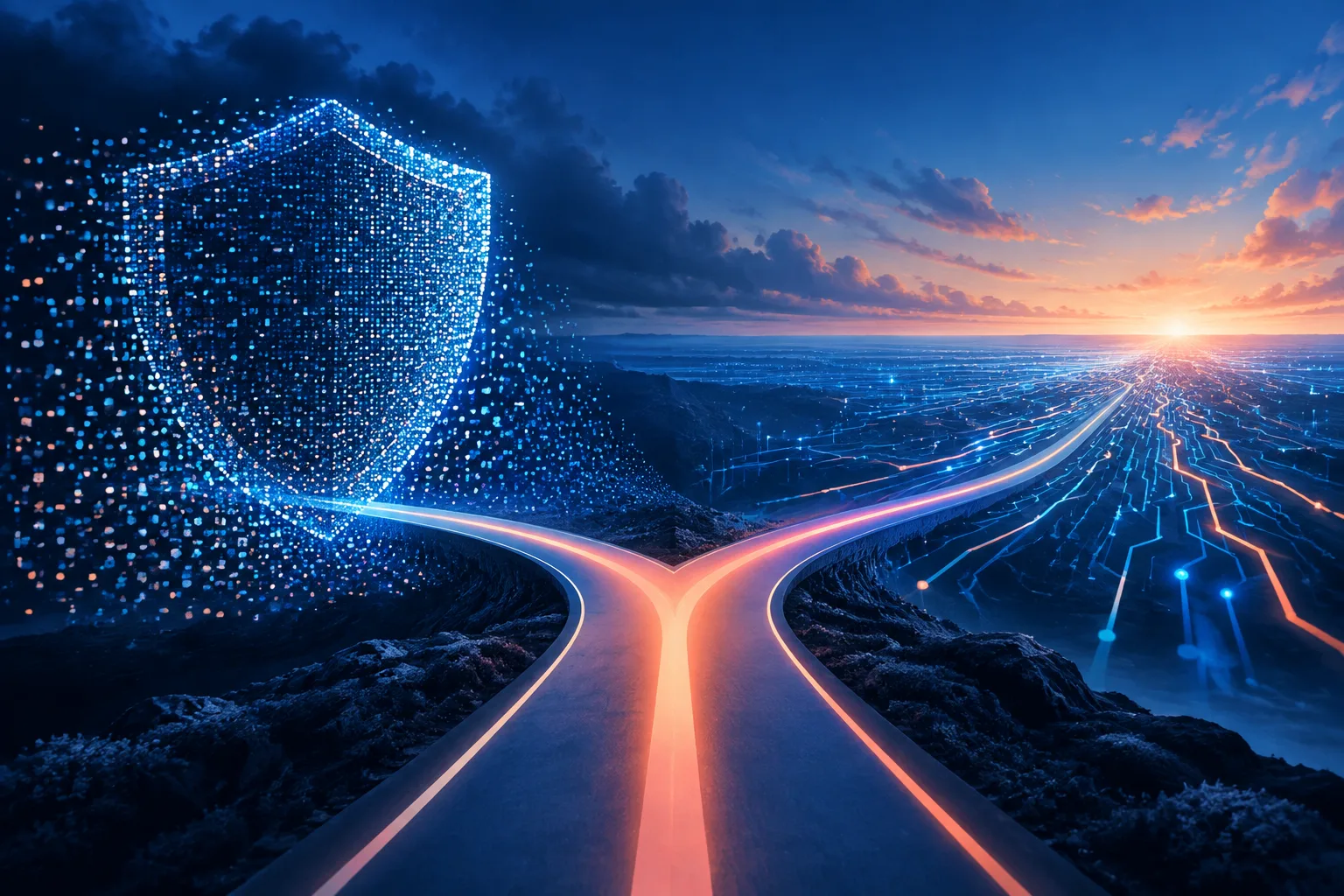 A luminous path divides between digital protection and an expanding technological horizon.