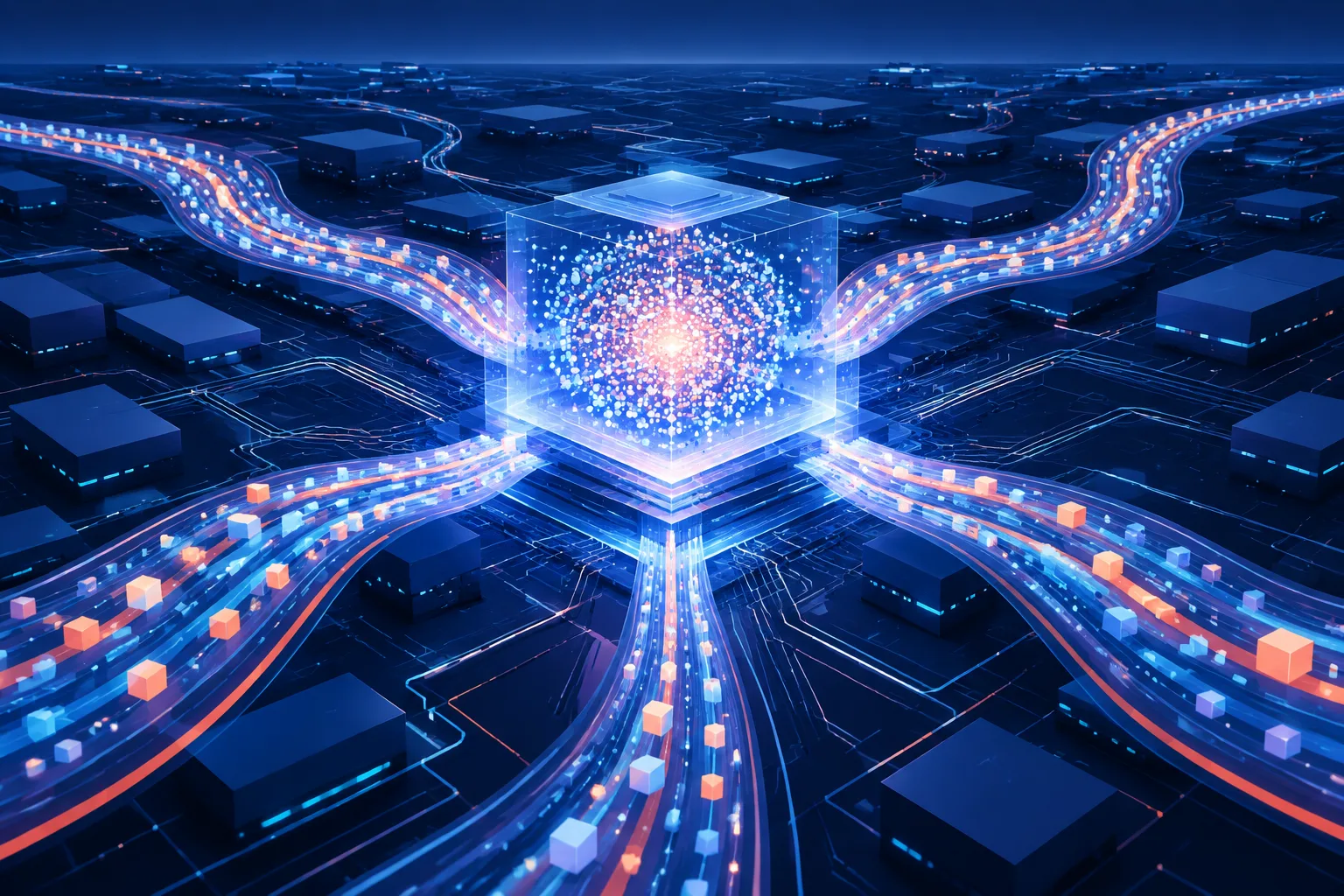 Abstract probability engine drawing investment across a digital circuit landscape.