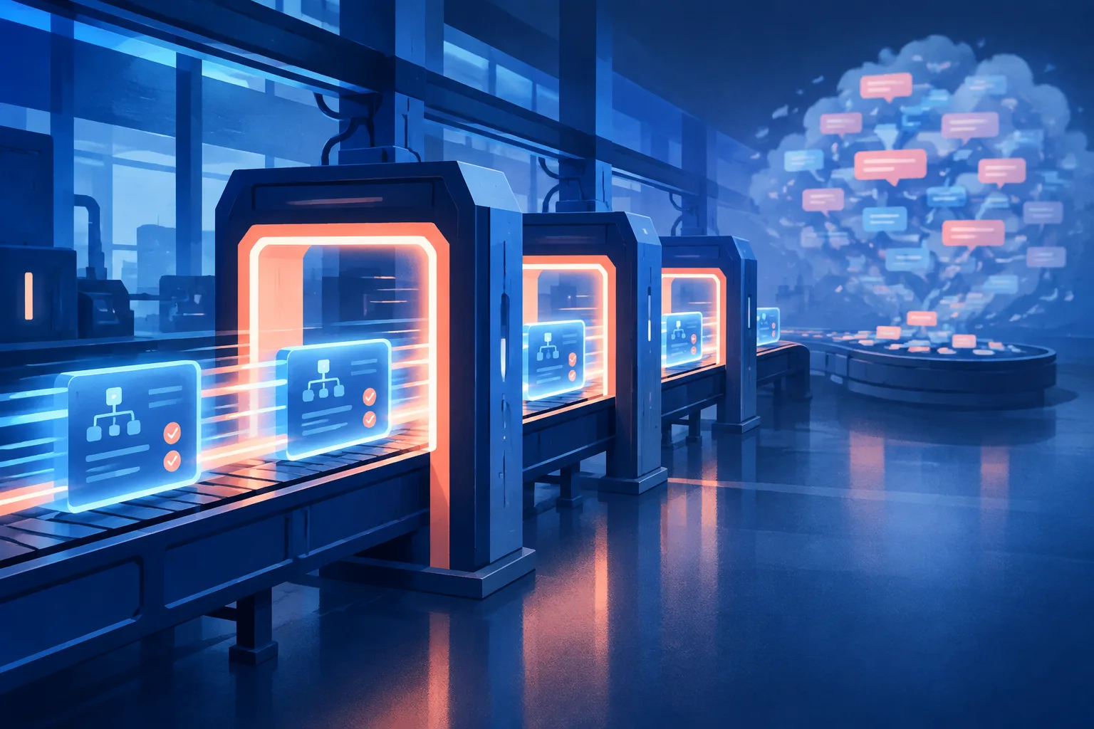 Decision packets move through automated gates beside a distant cloud of language tokens.