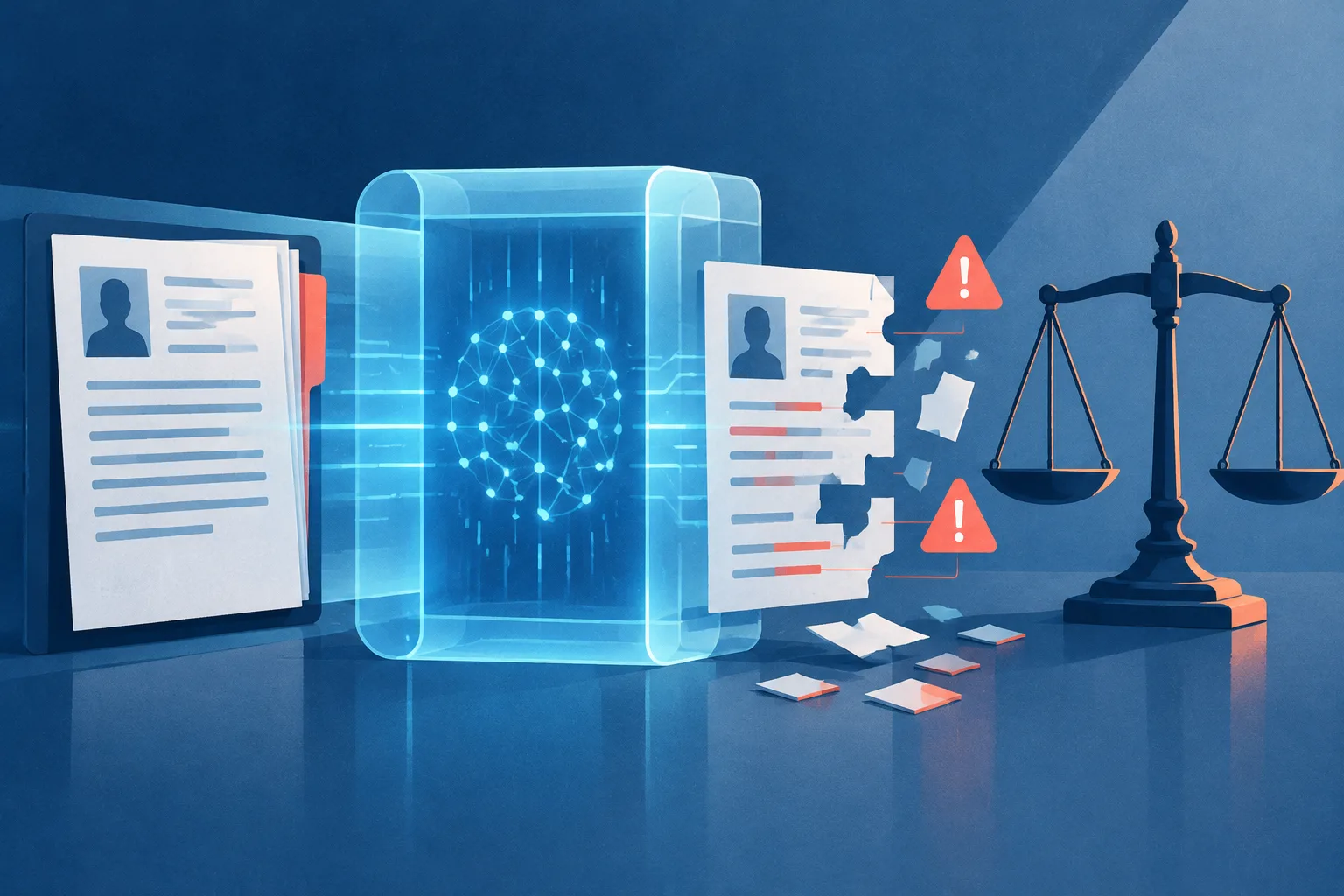 Abstract asylum case file emerging incomplete from an AI processing chamber beside justice scales.